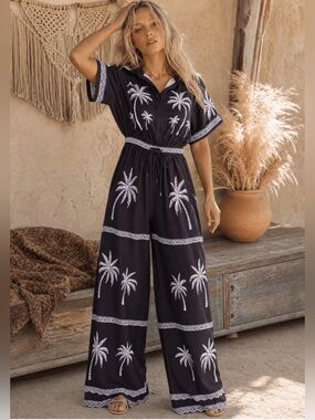 🌟B686. Boho Choc Black Palm Print Wide Leg Jumpsuit